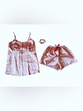 Women’s Pink Satin-Like Pajama Set with Camisole & Shorts, Silky Feel Sleepwear